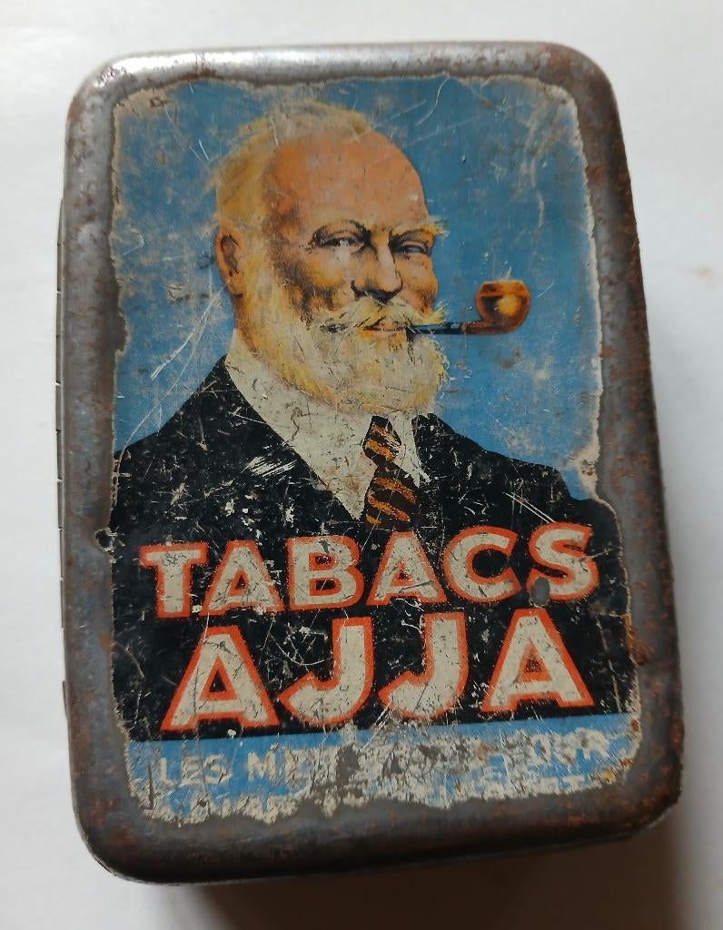Ancien objet publicitaire de collection, boîte à tabac AJJA, Collections, Marques & Objets publicitaires, Envoi, Utilisé, Emballage