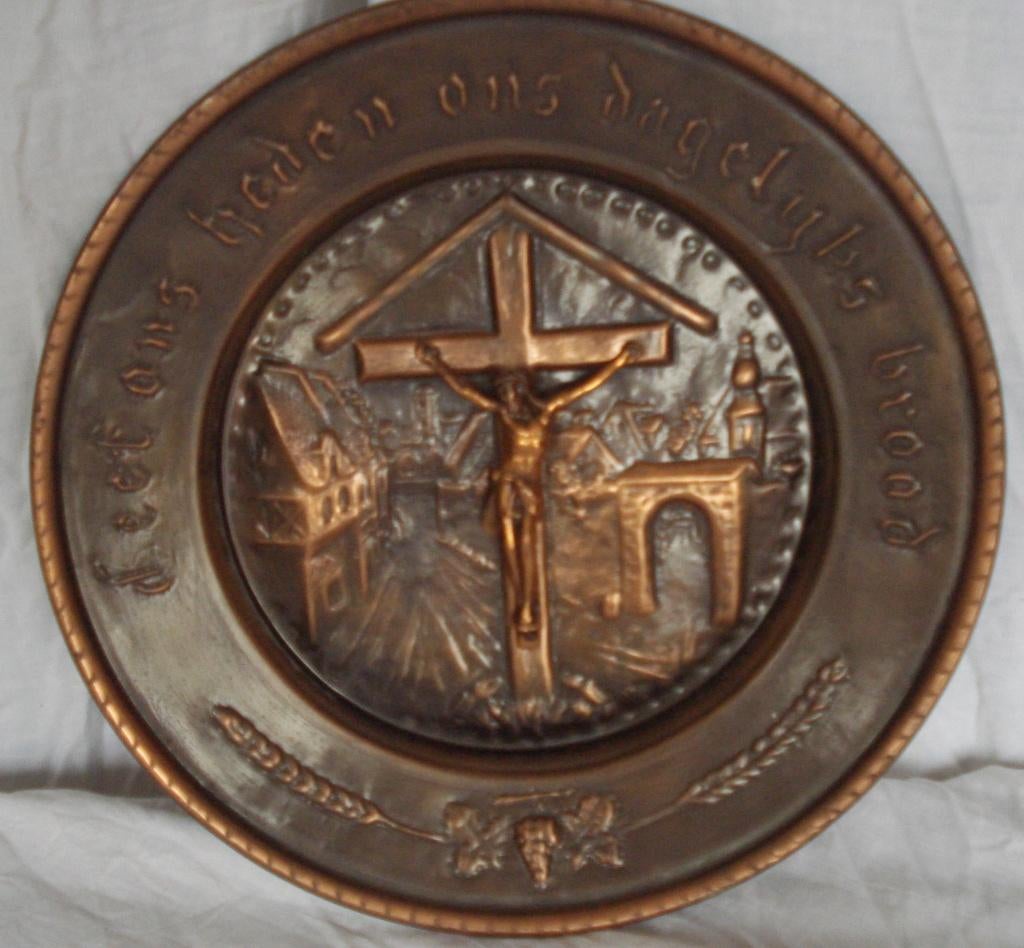 antiek koperen spreuk met  kruis, Ophalen