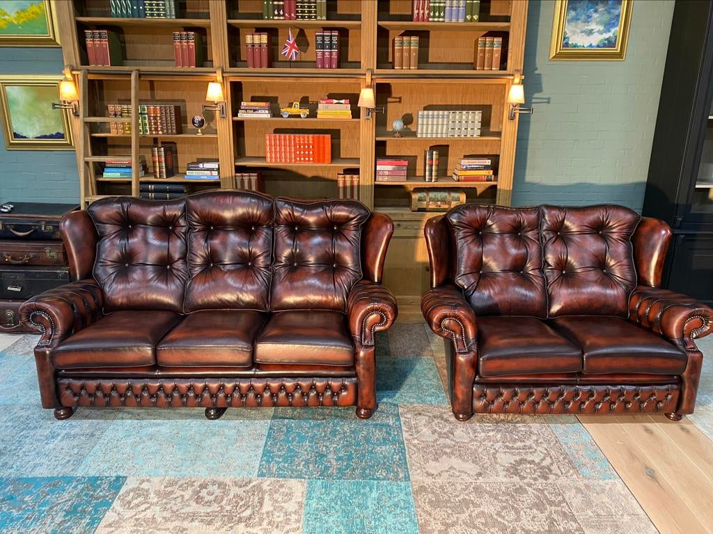 Springvale Chesterfield 3+2 zetels roodbruin GRATIS GELEVERD, Maison & Meubles, Canapés | Repose-pieds & Poufs, Cuir, Enlèvement ou Envoi