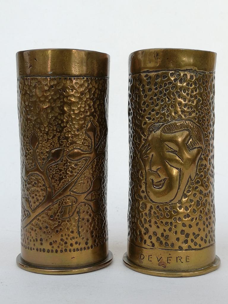 2 douilles 'pom pom' - trench art - Karlsruhe 1903 & 1905, Collections, Enlèvement ou Envoi, Marine, Douilles ou Pièces de fouille