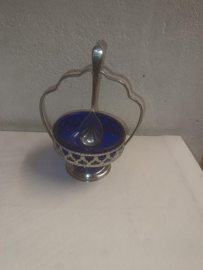 sucrier vintage en métal argenté avec verres bleu cobalt, Enlèvement