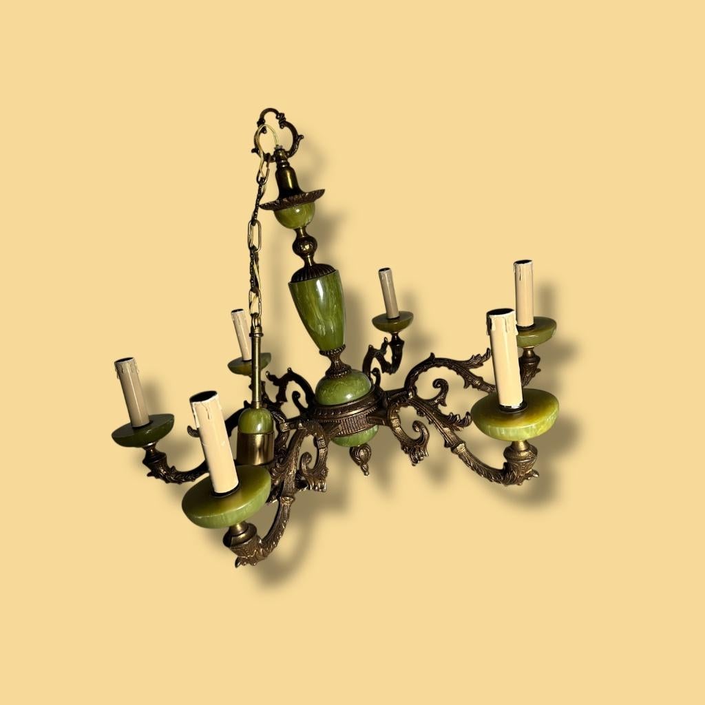 Vintage Kroonluchter Brons & Groen Onyx, Ophalen of Verzenden, Gebruikt, Overige materialen, Neoklassiek