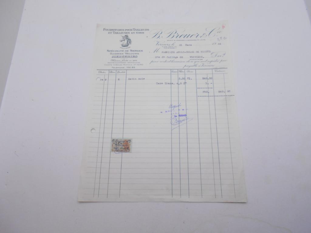 ancienne facture Verviers 1954 Breuer textile, Antiquités & Art, Enlèvement ou Envoi