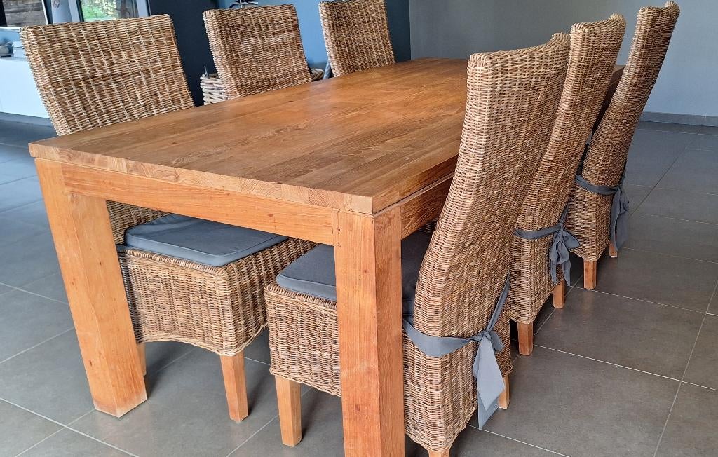 Teak - rieten eetkamerstoelen - VERLAAGDE PRIJS - 6 stuks, Huis en Inrichting, Stoelen, Ophalen, Bruin, Hout, Zo goed als nieuw