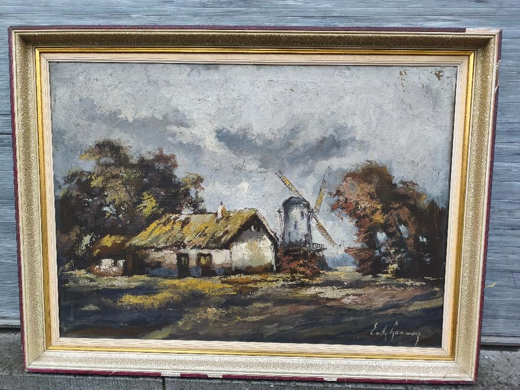 Huile sur toile moulin signe Émile lammers, Antiquités & Art, Enlèvement