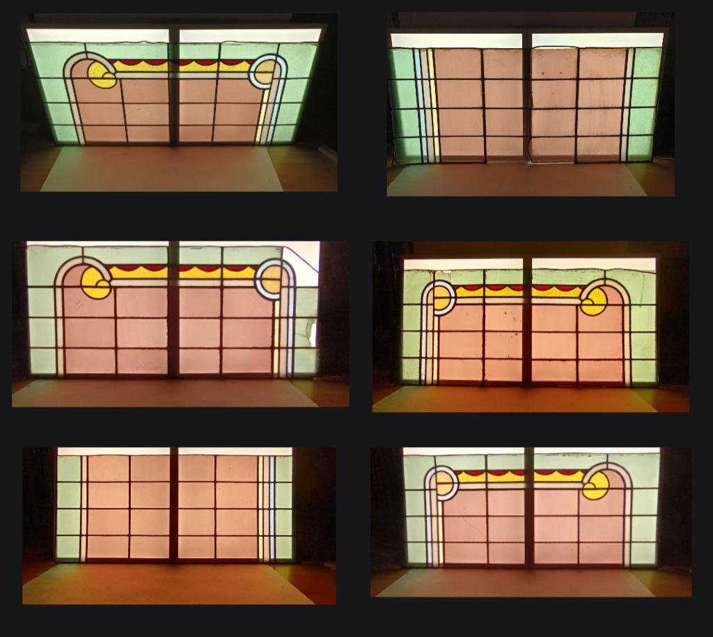 6 grote glas in lood ramen '40s-'50s, Ophalen