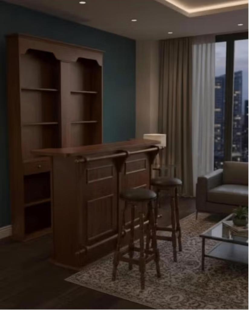 barmeubel met achterwand en krukken, Ophalen, Gebruikt