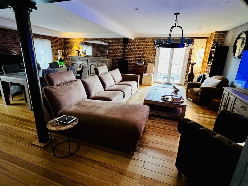 Grand canapé 4 places avec meridienne, Enlèvement, Comme neuf, Autres matériaux, Microfibre suedine maron style moderne