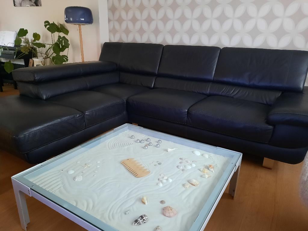 Zwarte lederen hoeksalon, Ophalen, Zo goed als nieuw, Leer, Modern