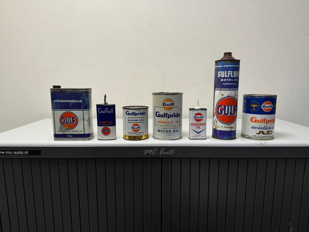 Vieux bidons d'huile de garage Gulf à vendre, Collections, Enlèvement ou Envoi, Utilisé, Panneau publicitaire