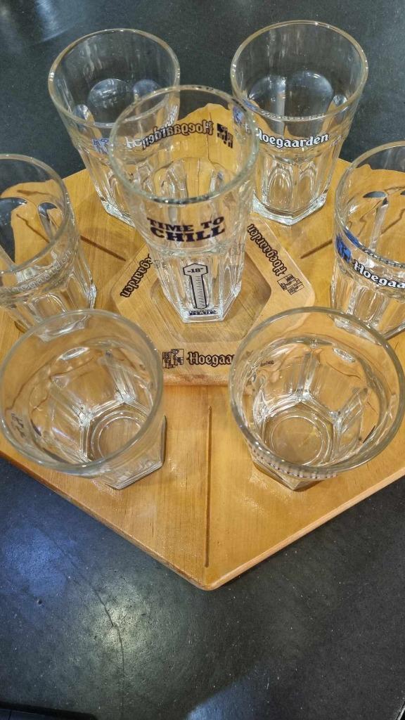 Plateau service 6 verres, une bouteille à Hoegaarden, Enlèvement ou Envoi, Utilisé, Autres formes, Bois