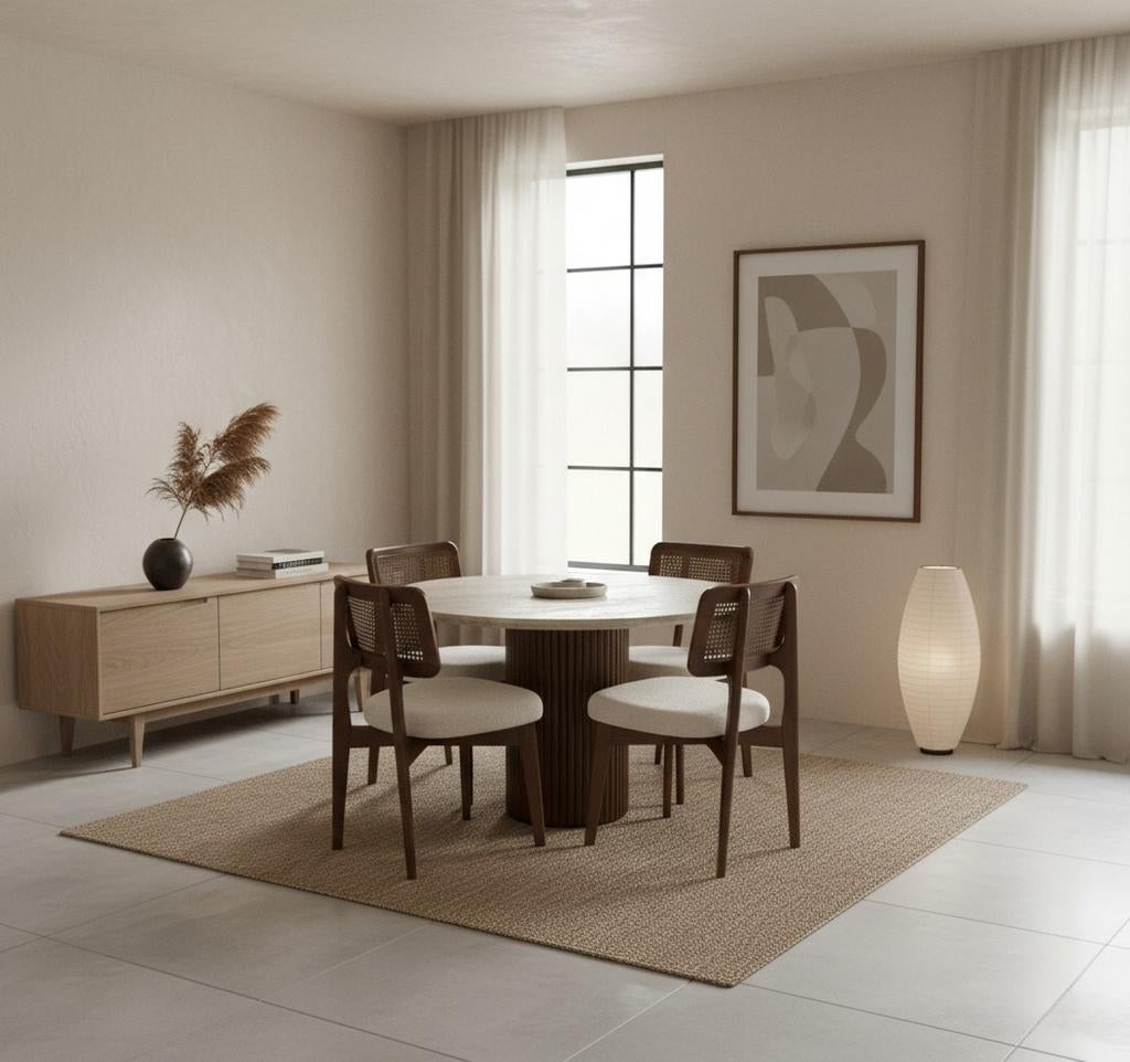 Stijlvolle eetkamerset met travertin look, Huis en Inrichting, Tafels | Eettafels, 50 tot 100 cm, Japandi Stijl, Rond, Nieuw