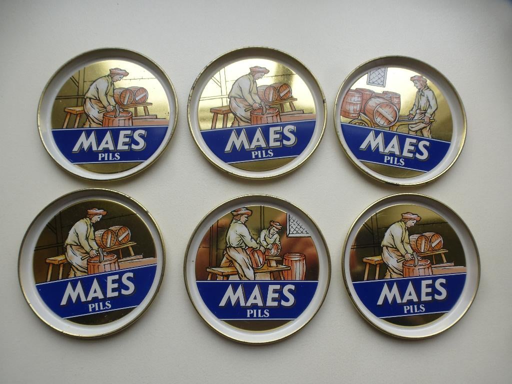 6 MAES PILS blikken onderzetters / onderleggers, Verzamelen, Ophalen of Verzenden, Gebruikt, Overige typen, Overige merken