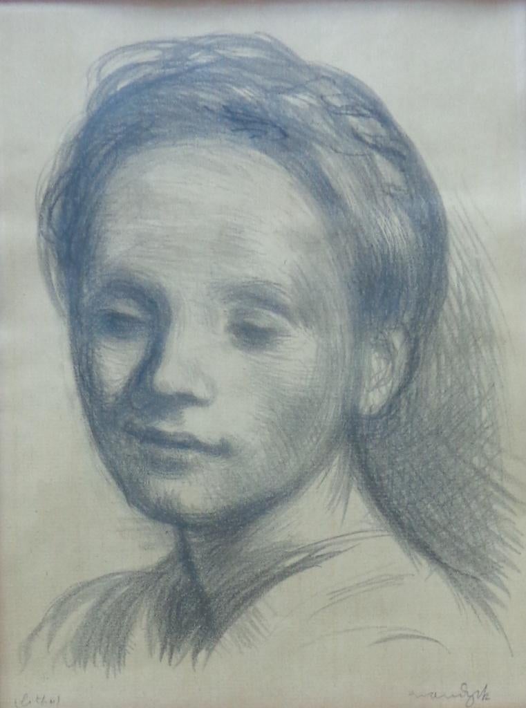 ALBERT VAN DYCK / MEISJESGEZICHT / ZW-W LITHO 56x42cm KADER, Ophalen of Verzenden