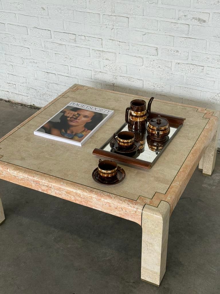 Table basse vintage marbre & travertin 100x100 – années 70, Maison & Meubles, Moins de 50 cm, 50 à 100 cm, Carré, Enlèvement