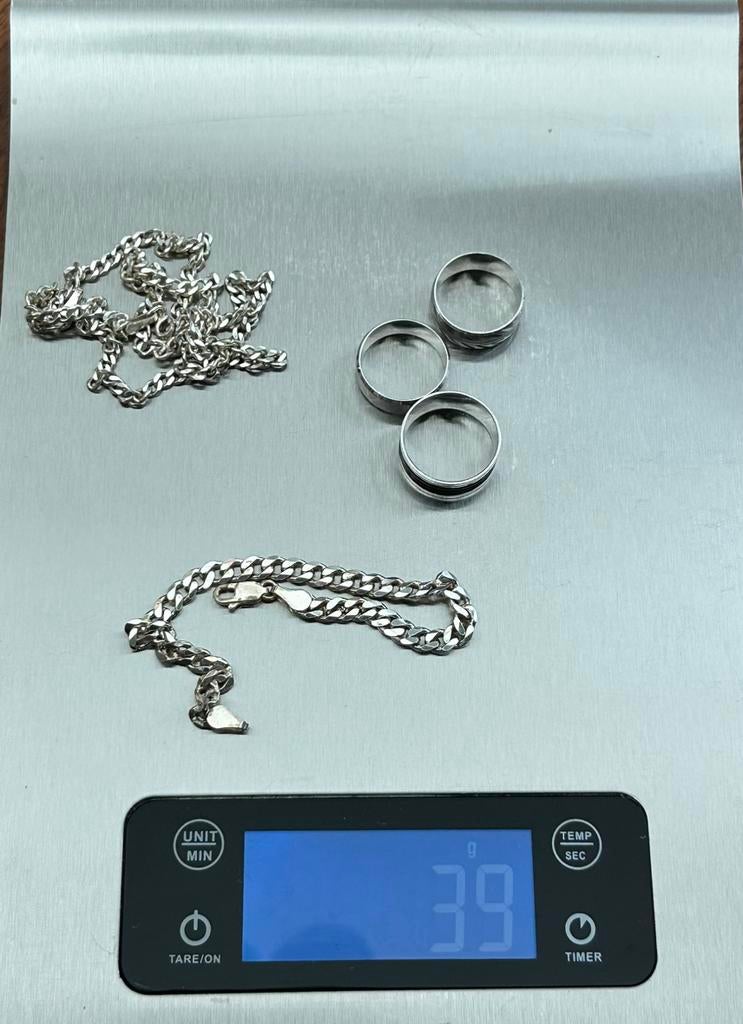 Parure de bijoux en argent Collier, bracelet, 3 bagues 39 g, Enlèvement ou Envoi, Argent