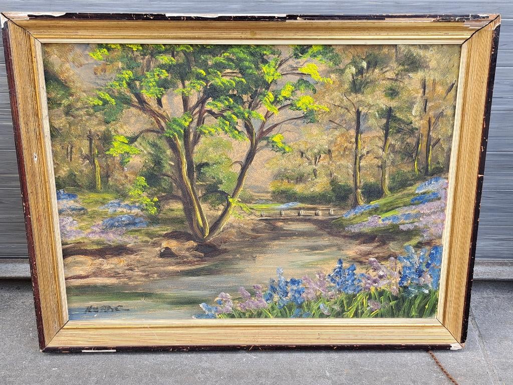 huile sur panneau sous bois avec un pont signe, Antiquités & Art, Enlèvement ou Envoi