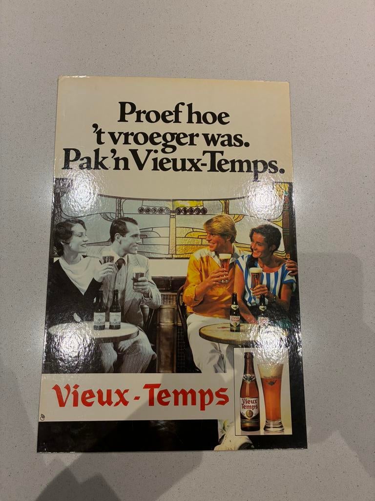 Reclamebord Vieux-Temps 47x31cm, Ophalen, Gebruikt, Reclamebord, Plaat of Schild