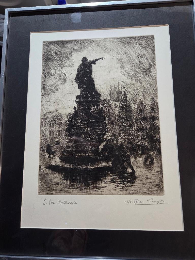 G. Langie: ets: 'J. Van Artevelde', Gentse kunstenaar, Ophalen, Stadsgezicht, Origineel, 1950 - 1999