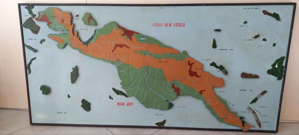 Ancien panneau didactique en bois Papouasie Nouvelle Guinée, Enlèvement