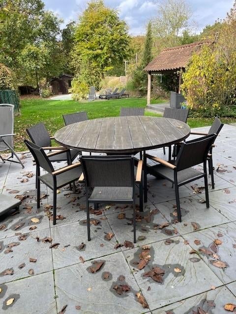 tuintafel met stoelen, Tuin en Terras, Tuintafels, Ophalen, Gebruikt, Rond, Teakhout