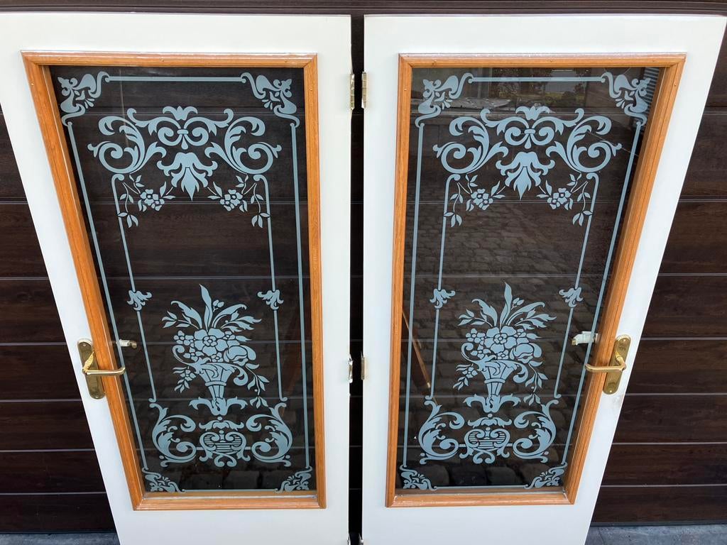 2 x binnendeur met antiek geëtste glasraam, Doe-het-zelf en Bouw, Deuren en Vliegenramen, Ophalen, Zo goed als nieuw, Glas, Binnendeur