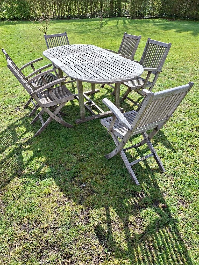 tuintafel teak ovaal & 6 stoelen teak, Enlèvement, Utilisé, Ovale, Bois de teck