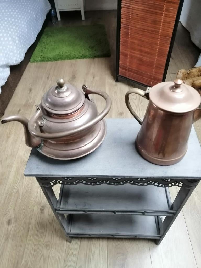 bouloire et cafetiere cuivre + rechau + service rouge email, Antiquités & Art, Enlèvement, Cuivre