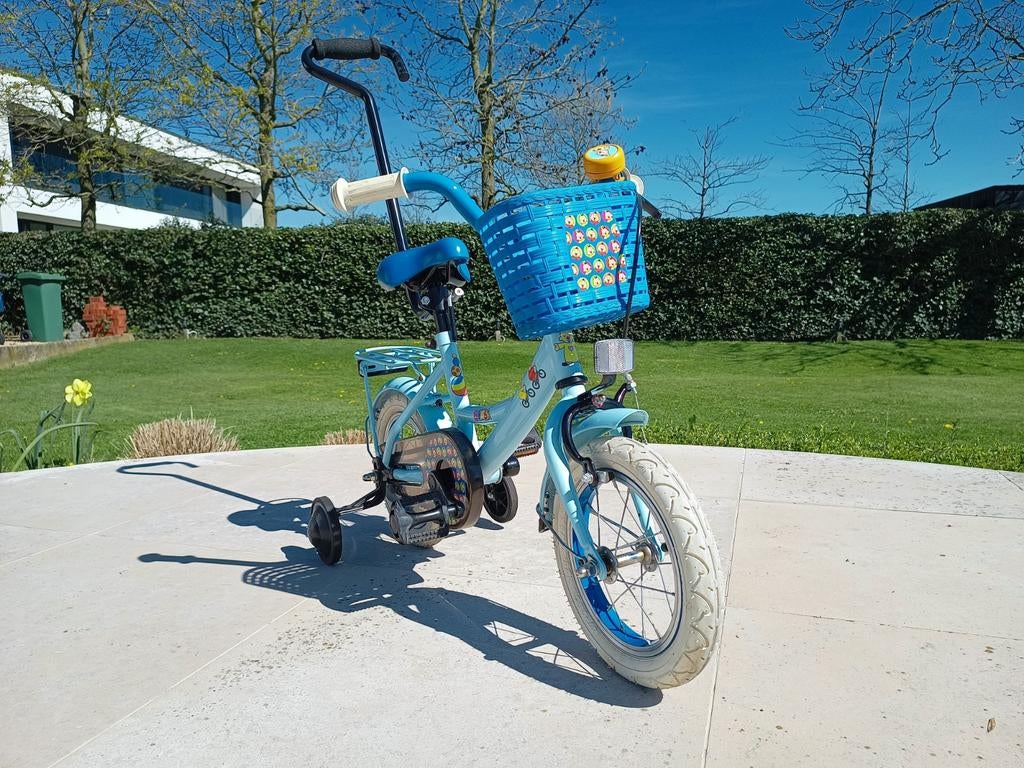Bumba kinderfietsje met steunwieltjes en duwstang, Fietsen en Brommers, Brommers | Tomos, Ophalen