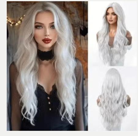 Luxe cosplay pruik zilver wit met grote golf synthetisch, Ophalen of Verzenden, Nieuw