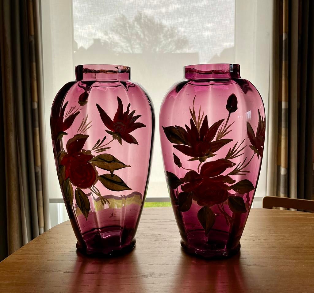 Koppel handbeschilderde jaren 50 vazen 40 cm retro glas, Antiek en Kunst, Ophalen