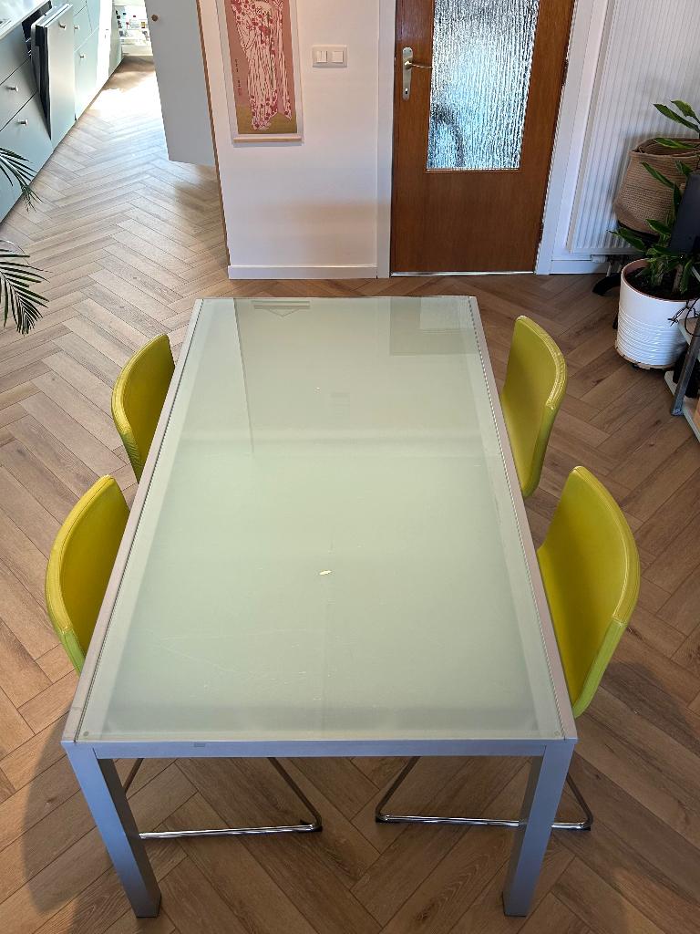 Tafel glas metaal stevig 150-220cm lang x 90 cm breed, Huis en Inrichting, Tafels | Eettafels, Ophalen, Gebruikt, 50 tot 100 cm
