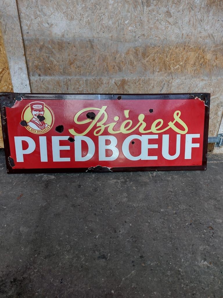Oud emaille bord Piedboeuf bier., Verzamelen, Merken en Reclamevoorwerpen, Ophalen of Verzenden