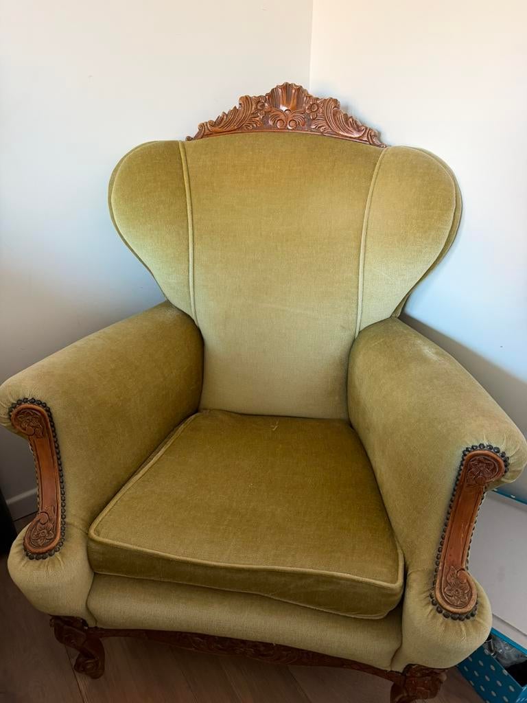Vintage fauteuils in groene velours met houtsnijwerk – 2, Gebruikt, 125 tot 150 cm, Vintage, Ophalen of Verzenden