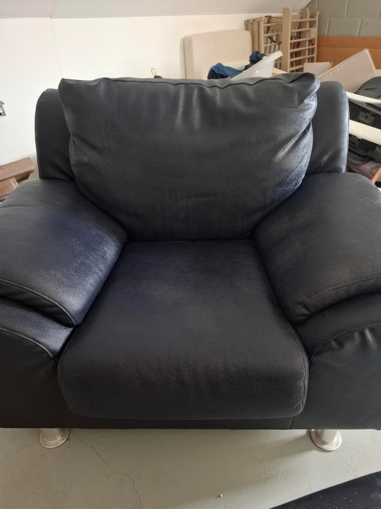 Zwarte leren 1 persoon zetel met poef, Ophalen, Leer