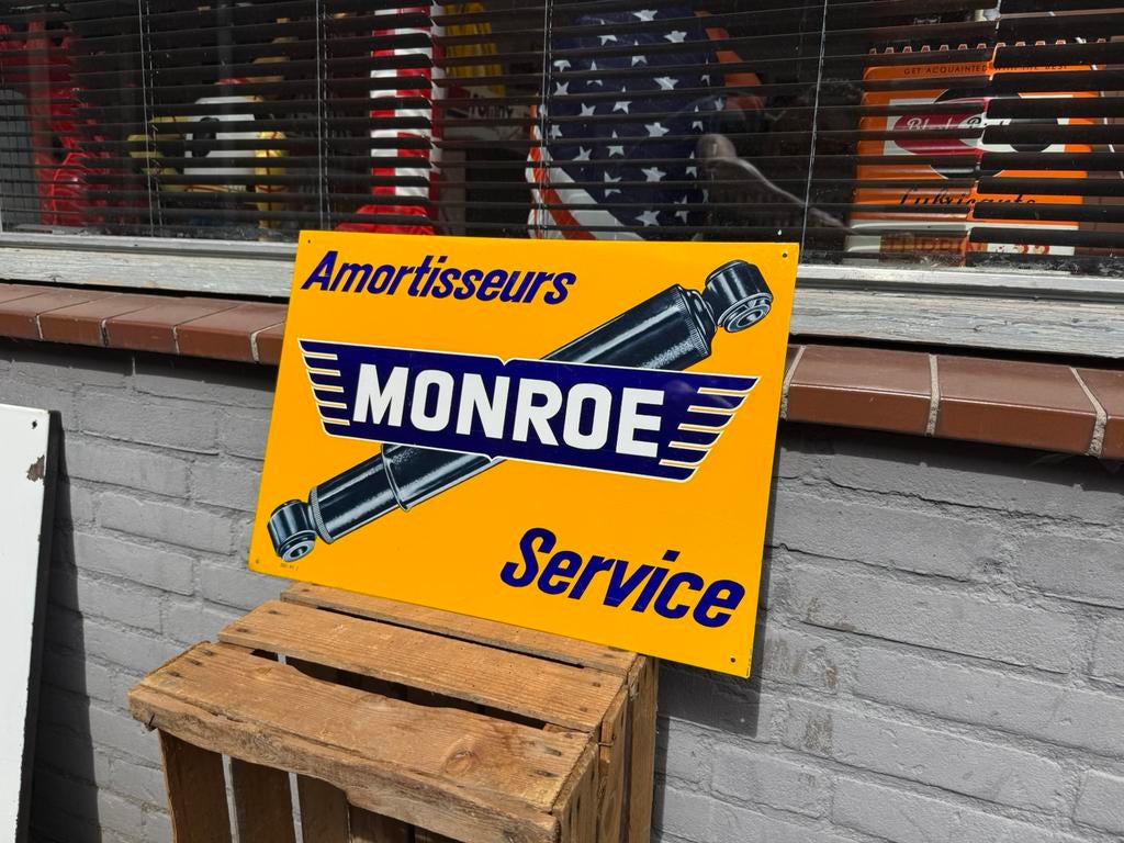 Monroe schokbrekers oud reclamebord, Verzamelen, Ophalen of Verzenden, Gebruikt, Reclamebord