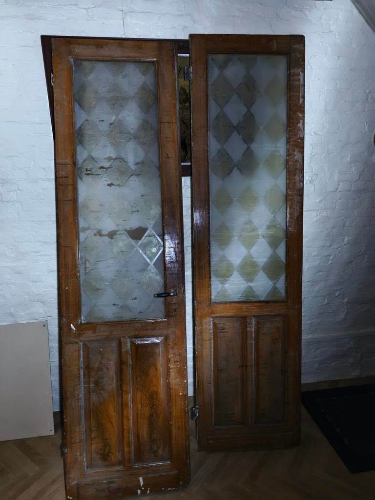 Oude houten binnendeuren met origineel vintage glaswerk, Ophalen, Zo goed als nieuw
