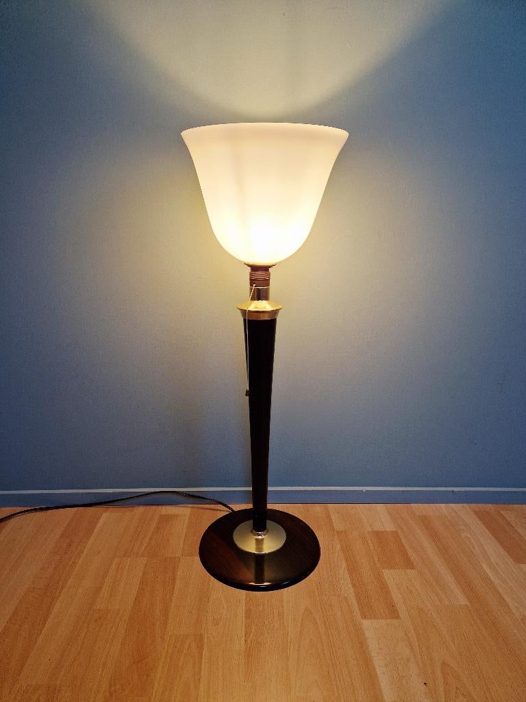 Grande lampe Art Déco Mazda en bois et opaline blanche, Antiquités & Art, Enlèvement ou Envoi