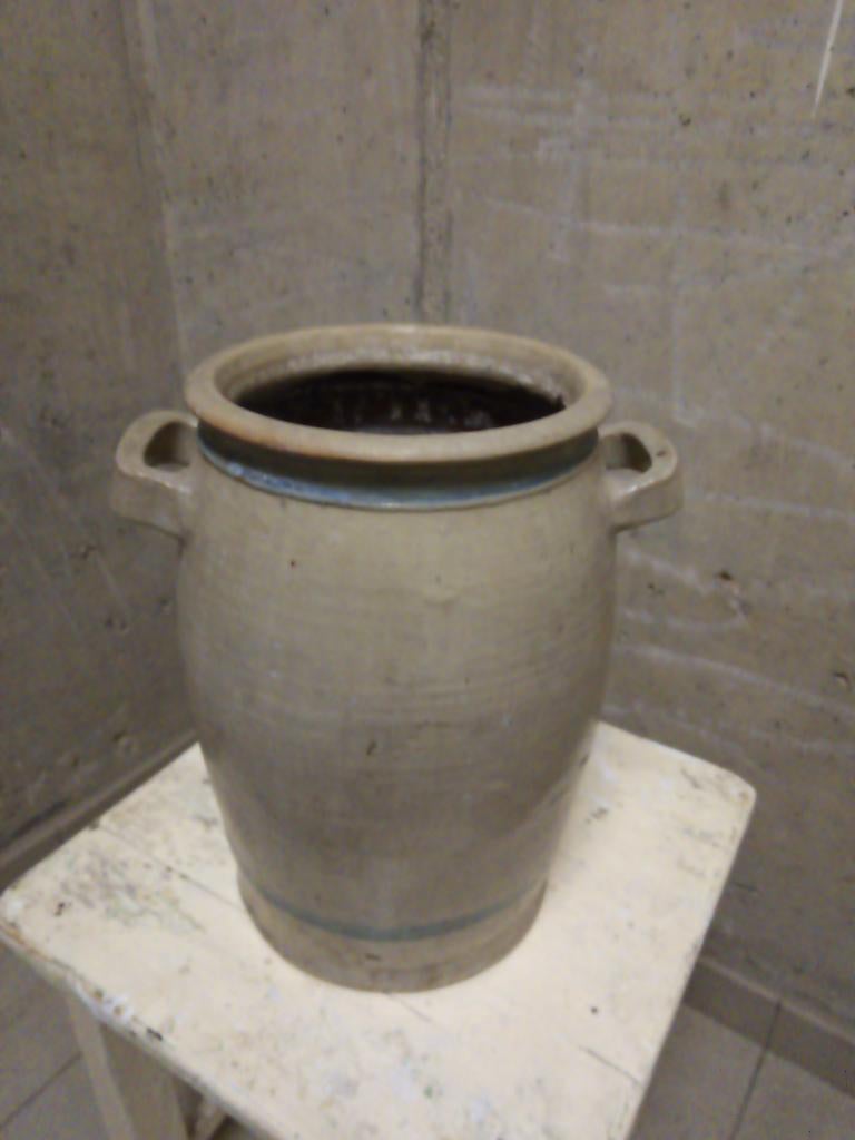 Keulse pot inmaakpot grijs blauwe banden handvat antiek, Ophalen of Verzenden