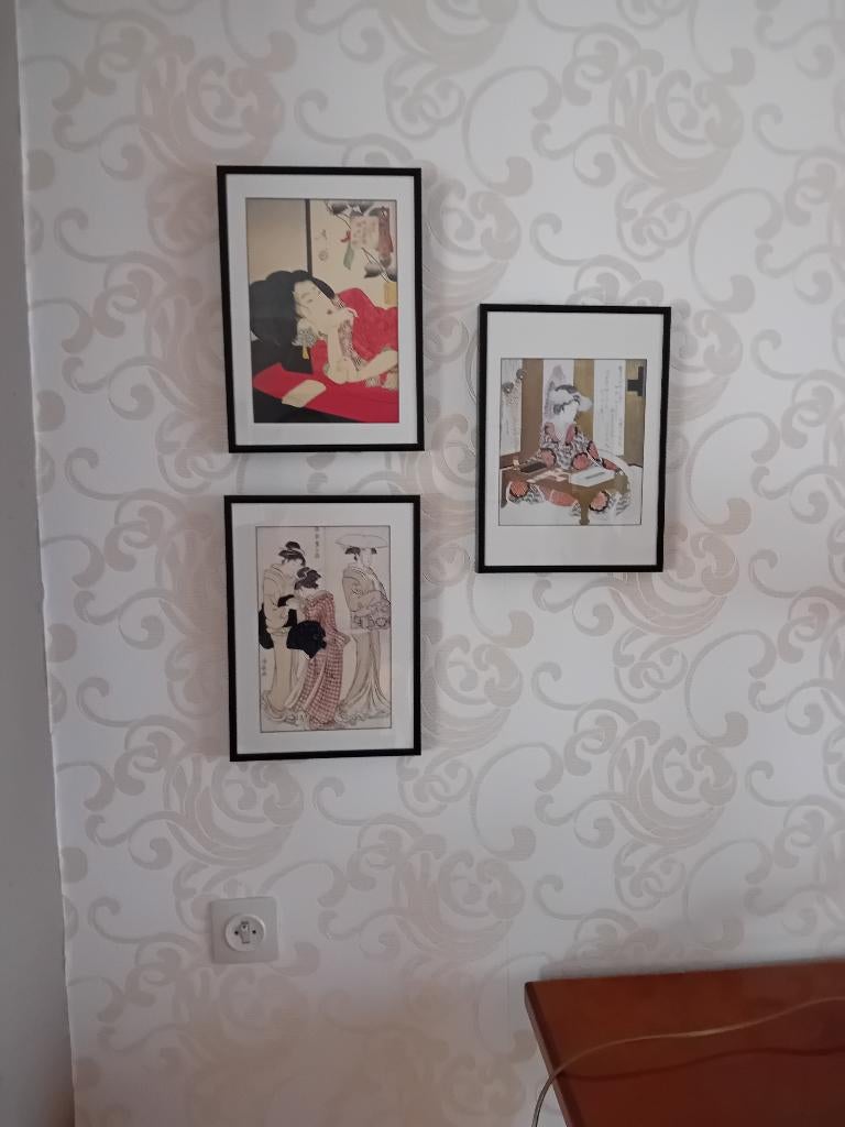 setje van 3 kadertjes met Japanse tekeningen, Antiek en Kunst, Ophalen