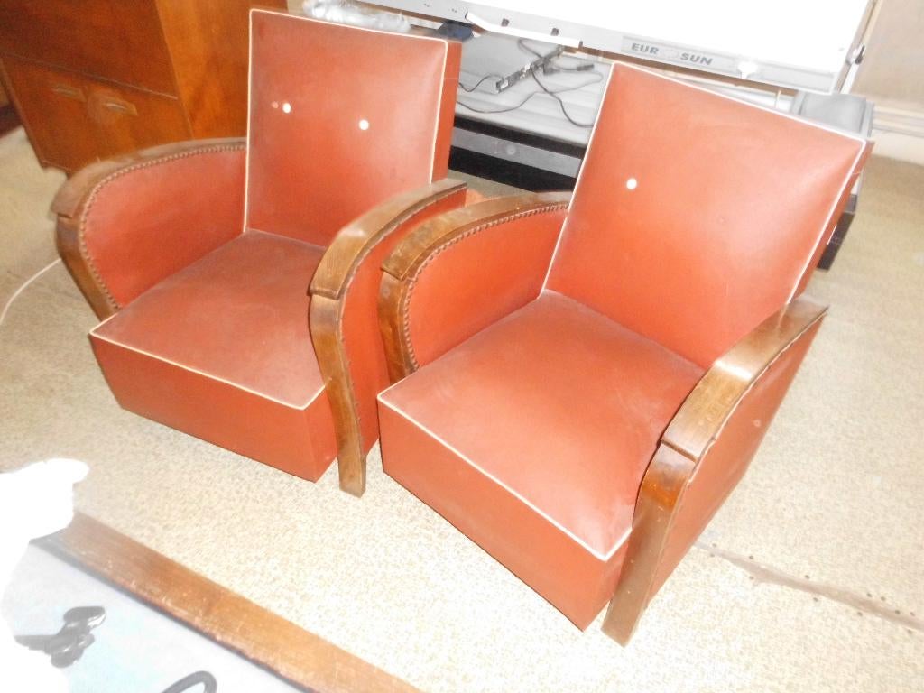 lot paire fauteuils art deco modele club vintage simili cuir, Enlèvement