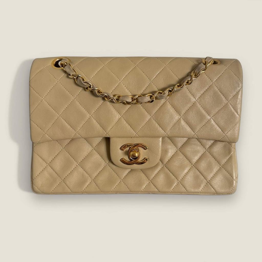 Chanel small classic flap bag beige vintage, Overige merken, Gebruikt, Beige, Ophalen of Verzenden