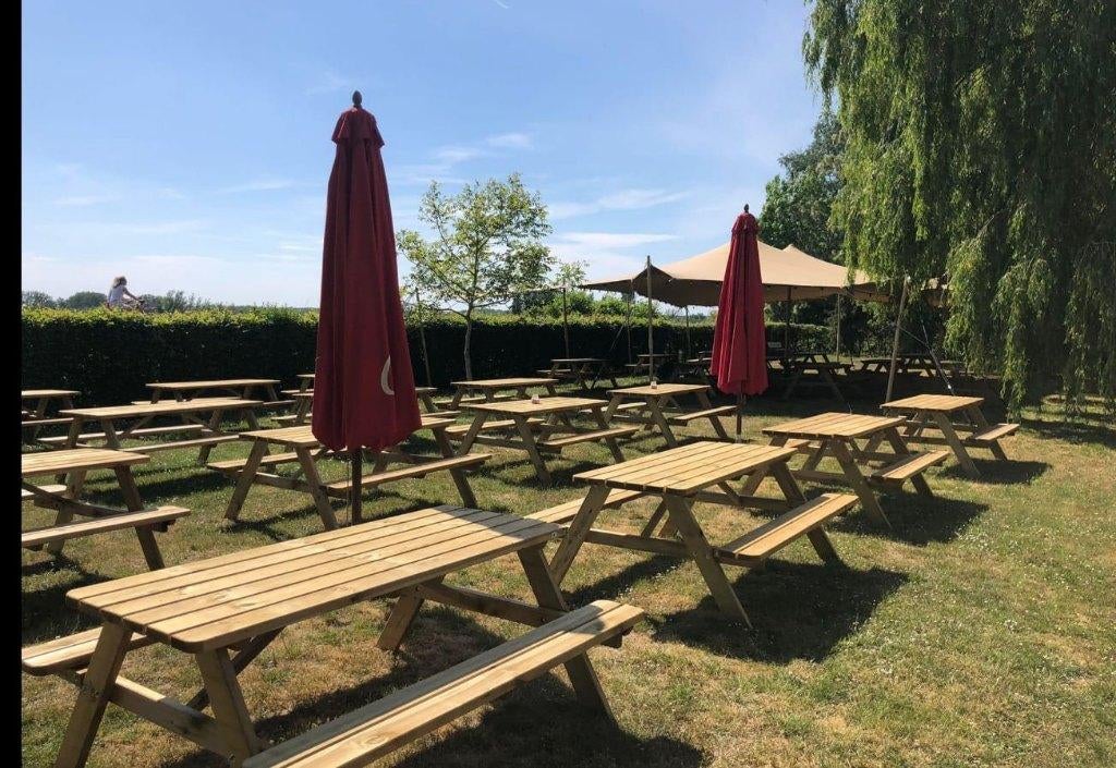 Picknickbank (+ - 25 stuks beschikbaar), Tuin en Terras, Picknicktafels, Ophalen, Gebruikt, Rechthoekig, Hout