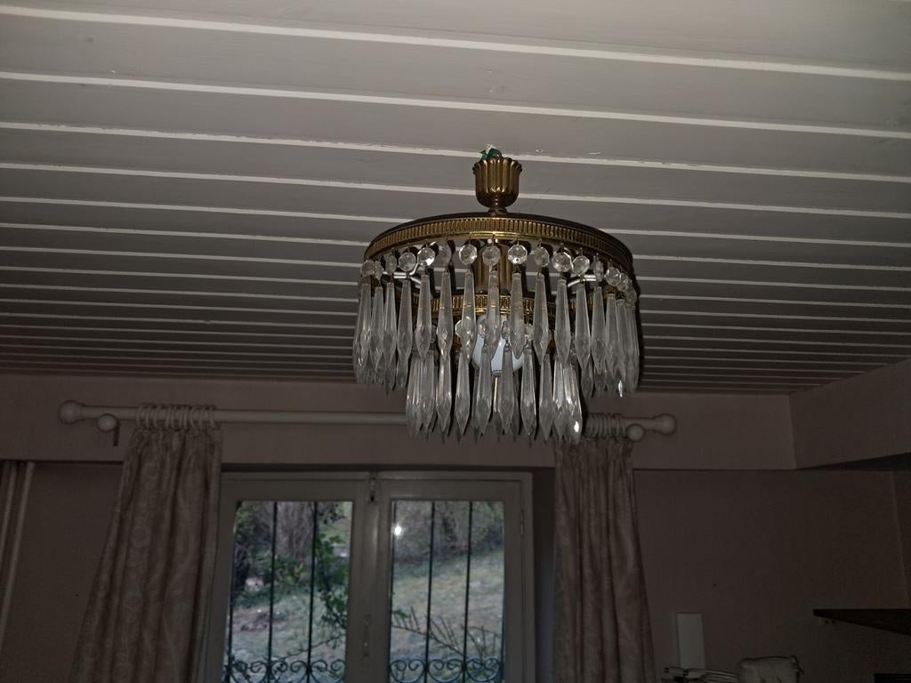 Splendide lustre cascade vintage en cristal et laiton doré, Enlèvement, Comme neuf, Verre