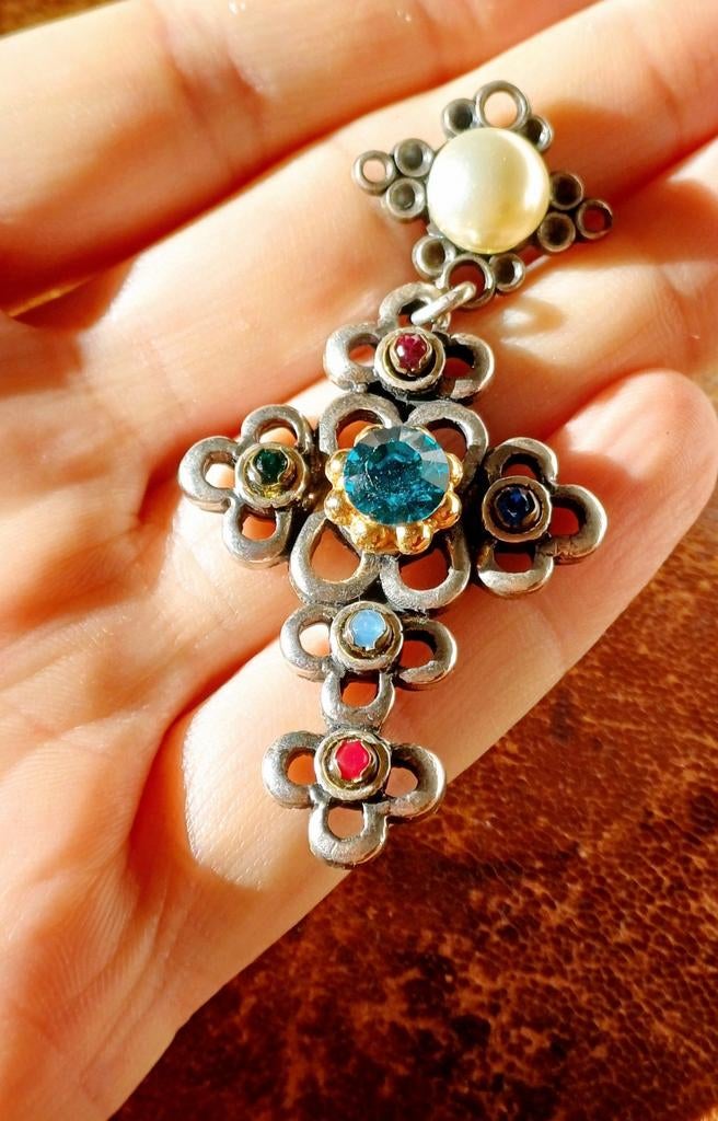 Grande croix/pendentif vintage avec pierres, Enlèvement ou Envoi, Comme neuf