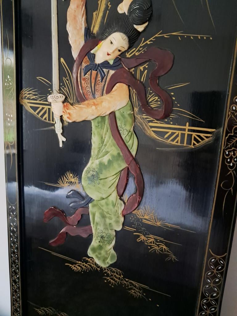 Tableau chinois gheisha aux sabres - relief en nacre, Antiquités & Art, Enlèvement