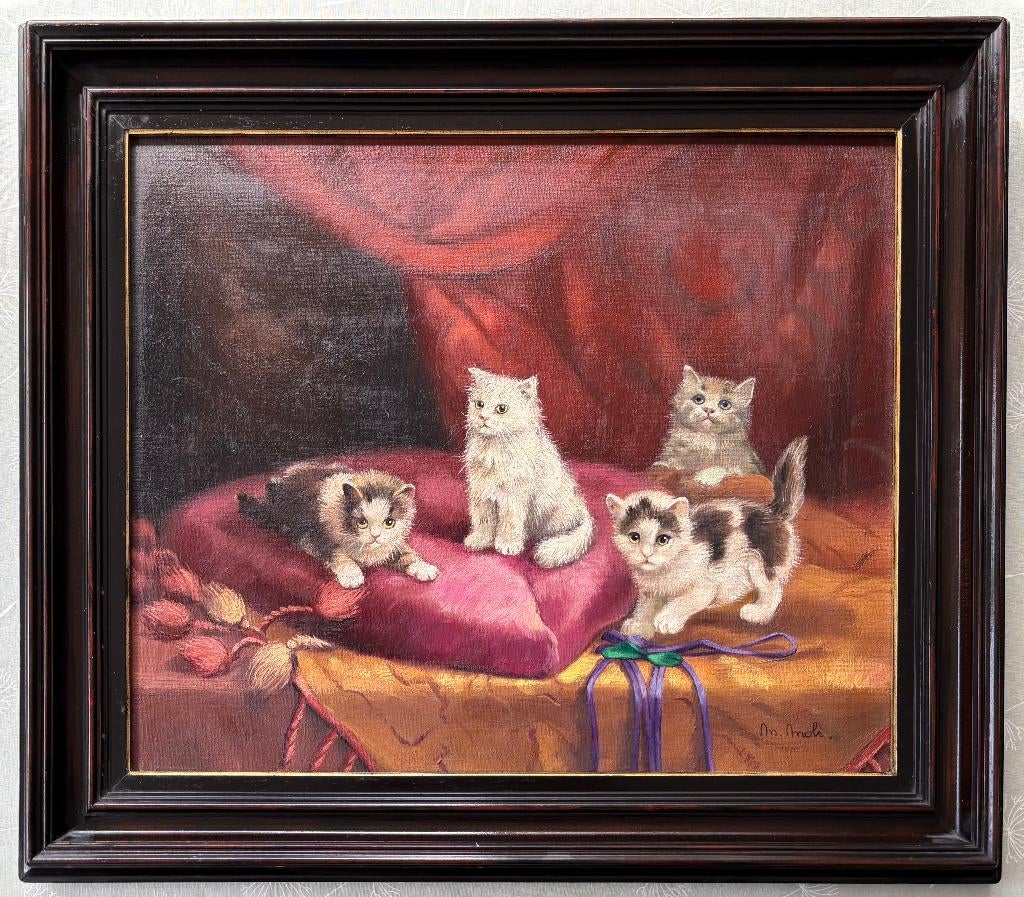 Schilderij: spelende katjes op een rood kussen 76x66cm, Antiek en Kunst, Ophalen