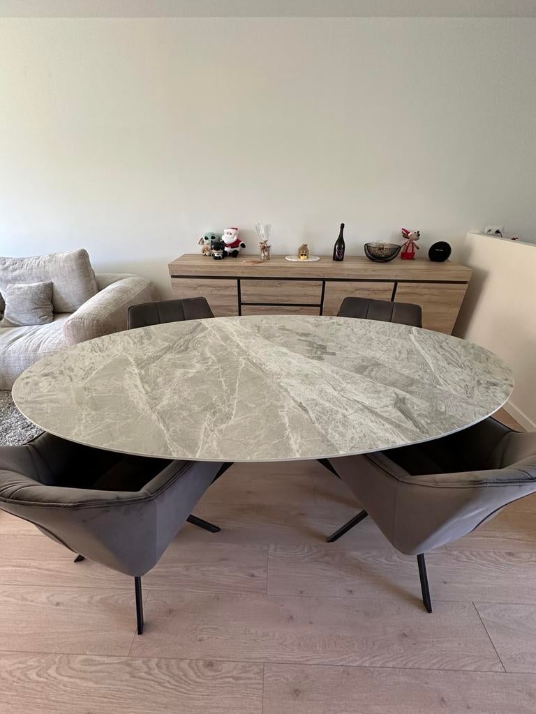 Ovalen eettafel + 4 stoelen, Maison & Meubles, 200 cm ou plus, Comme neuf, 100 à 150 cm, Enlèvement