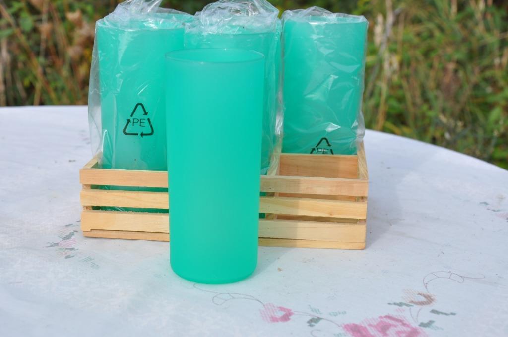 6 verres limonade plastique vert dans bac en bois, Ophalen of Verzenden, Nieuw, Overige materialen, Glas of Glazen