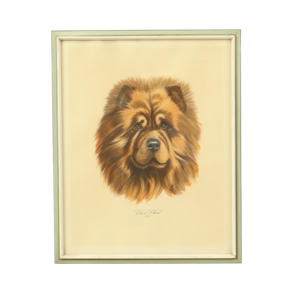 Vintage Ingelijste Kleuren Litho Hond Chow Chow Gesigneerd, Ophalen of Verzenden